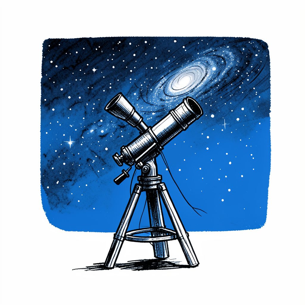 Рисунок тушью: телескоп, направленный в ночное небо, усыпанное звёздами и спиральной галактикой, в глубоких сине-чёрных тонах